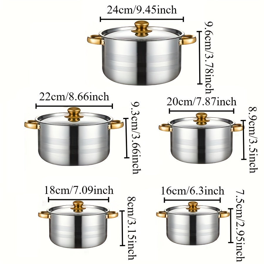 10-piece cookware set with gold-plated stainless steel double-handled soup pots for outdoor use.