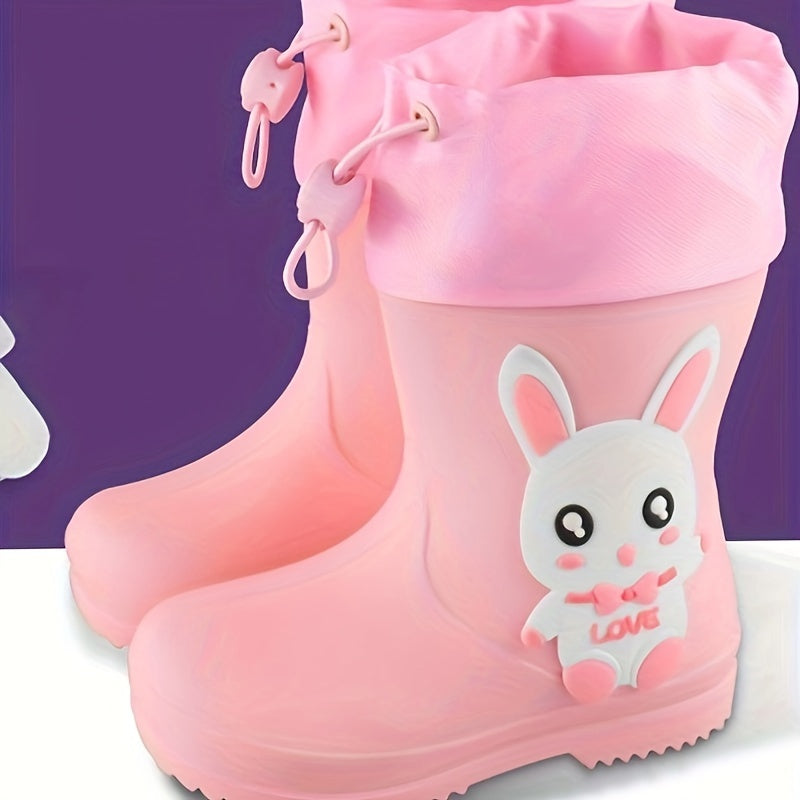 Durable PVC mid-calf youngsters' cartoon rain boots with drawstring closure. Waterproof, anti-slip, and perfect for outdoor activities. Ideal for boys and girls.