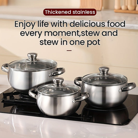 This stainless steel round pot set includes 3 pots and 3 lids, featuring a double handle design. They are dishwasher safe and compatible with various stoves, making them ideal for both home and restaurant cooking. The pots are perfect for preparing