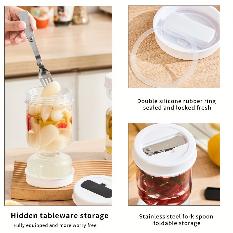 Reusable Plastic Food Storage Jar with Fork - Hand Wash Only - Ideal for Pickles, Olives & More - Sturdy and Leak-Proof