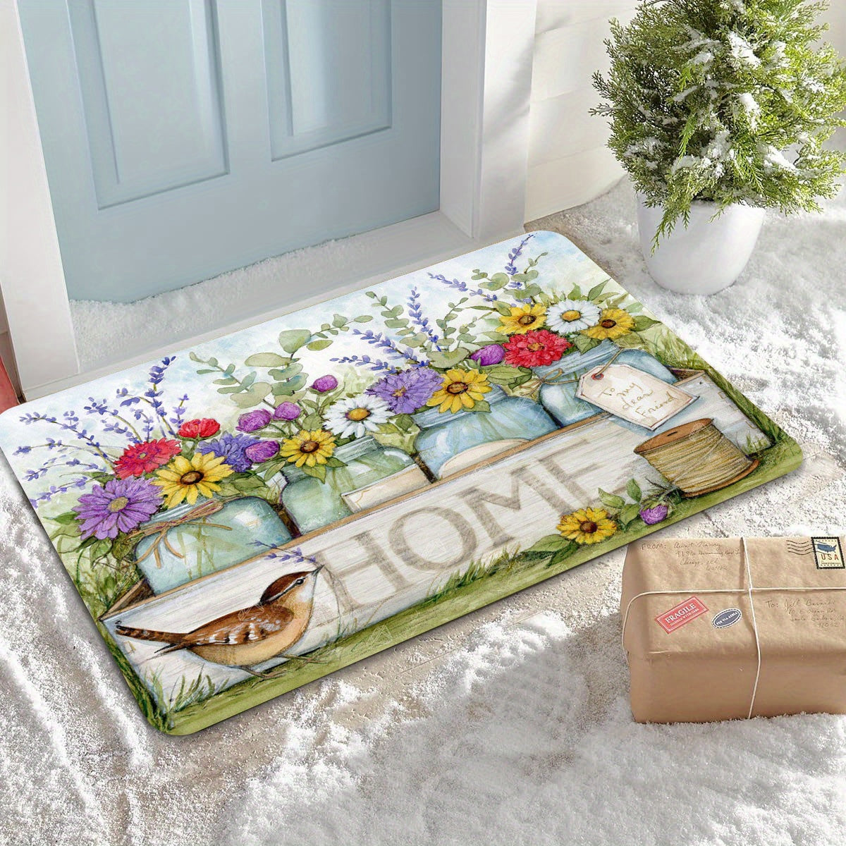 Spring Floral and Bird Design Home Door Mat, Perfect for Easter and Valentine's Day, Anti-Fatigue Kitchen Decor, Machine Washable, Stain Resistant, Non-Slip, Made of Polyester, 1 Piece, Rectangle Shape, 1.2cm Thick