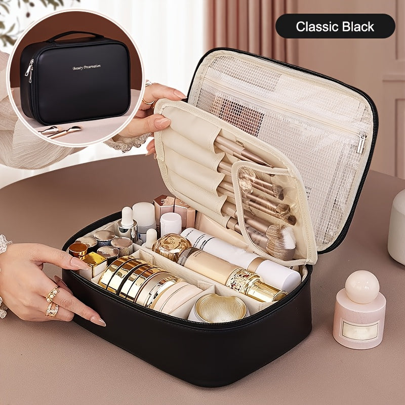 Spacious multi-layer PU cosmetic bag with brush holder, portable storage for beauty essentials, perfect gift for couples.