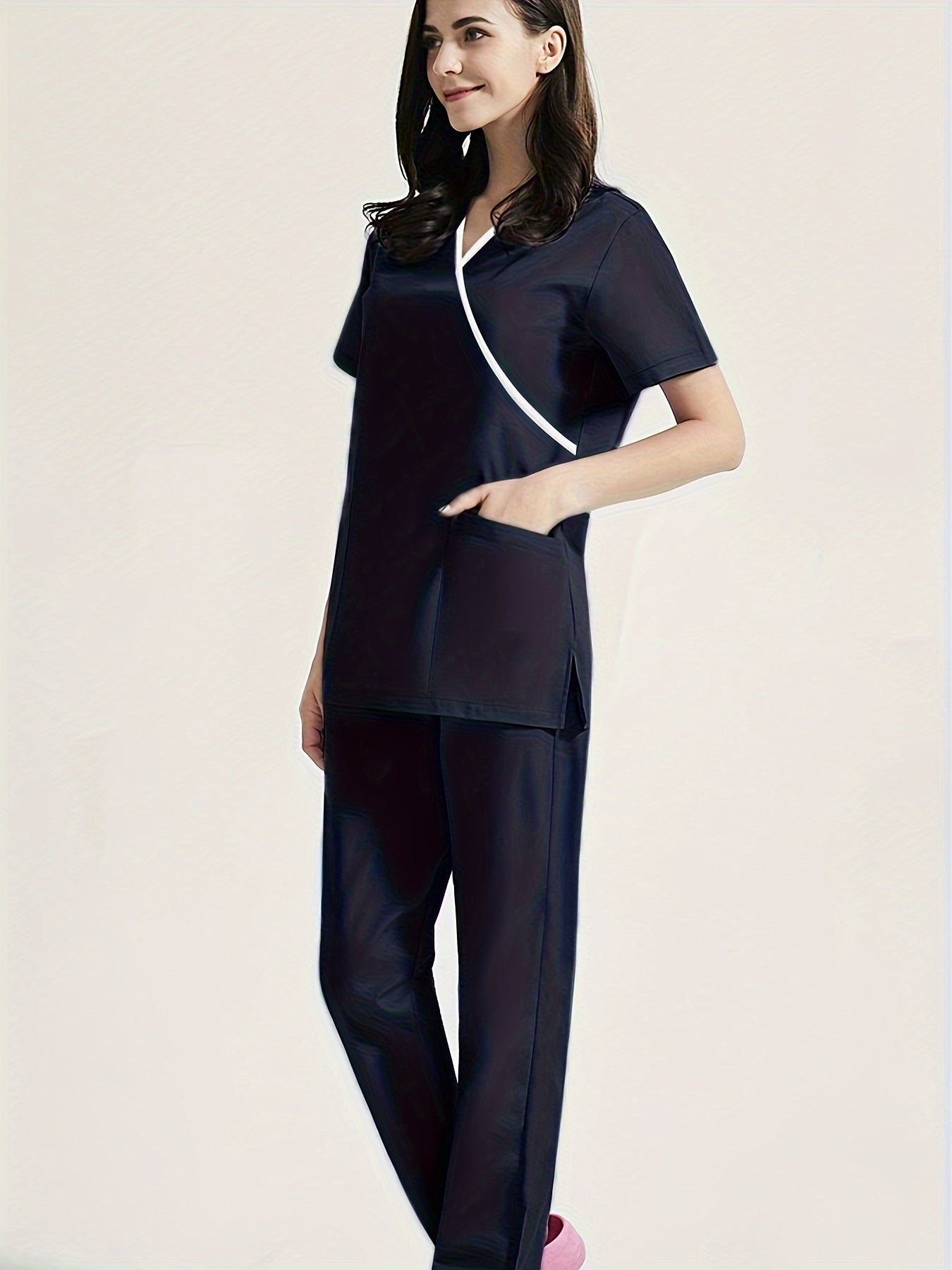 Medical Care Scrub Set with Contrast Trim, V Neck Short Sleeve Top & Pants, Women's Outfits