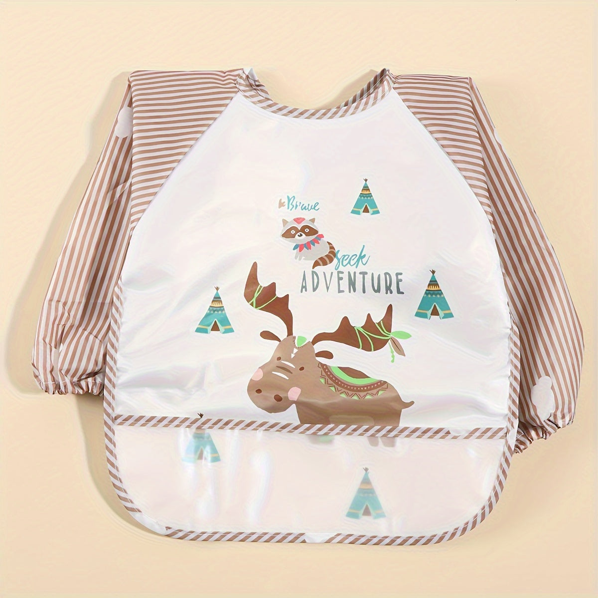 Long-sleeved Waterproof Feeding Bib with Adorable Cartoon Design, Reversible Wear Option.