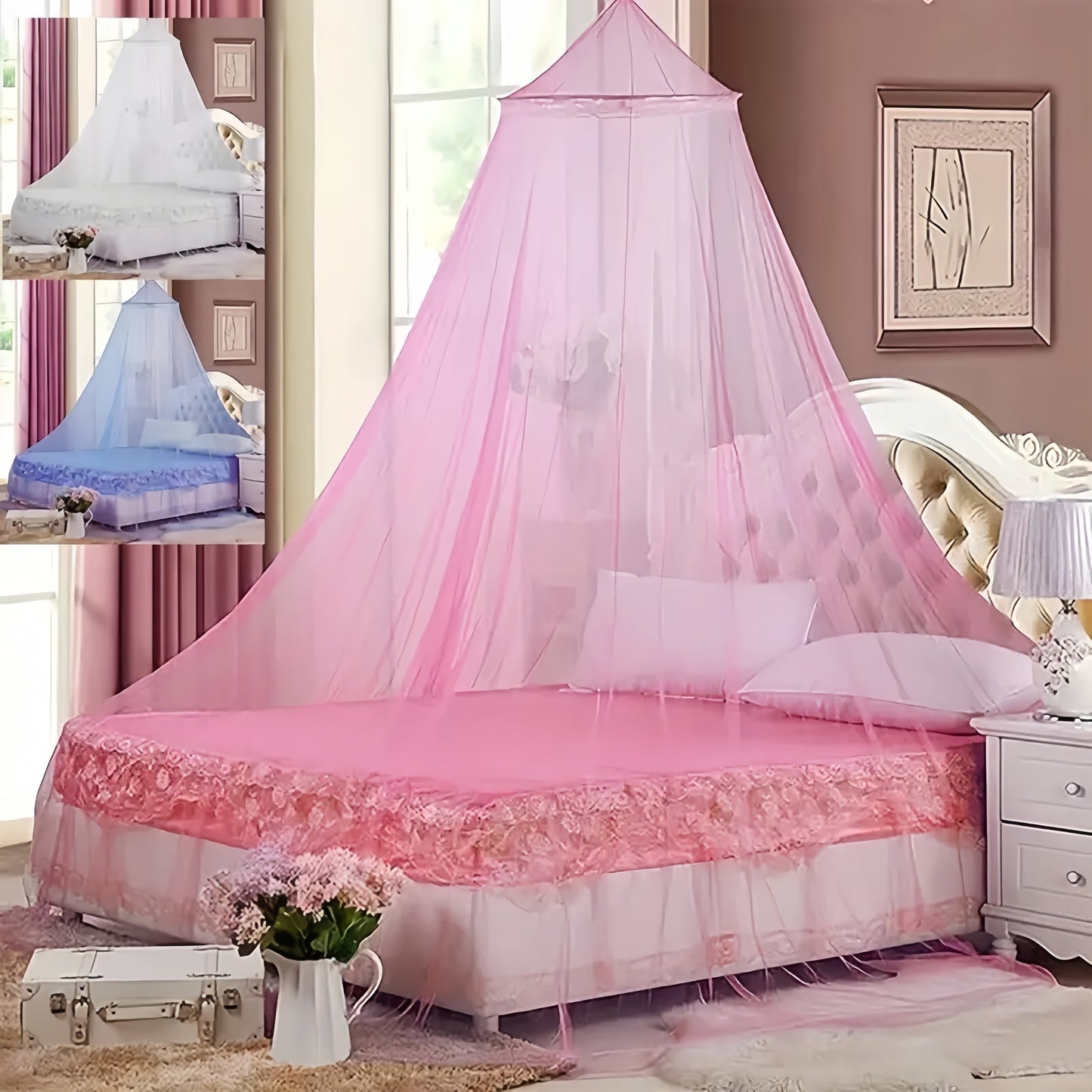 Mosquito Net with Round Dome Design, Made of 100% Polyester Canopy Drapes and Iron Wire Bracket for Easy Installation, Hand Washable Knitted Bed Cover - Suitable for Beds 1.2-1.5m in Size, Does Not Require Electricity