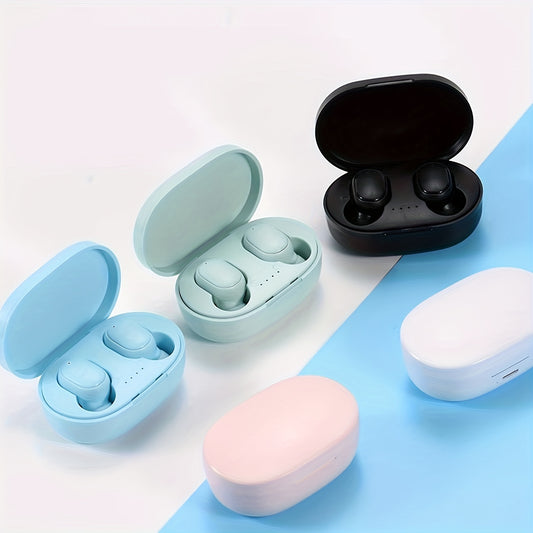 Wireless earbuds with LED display for sports and gaming, comfortable fit, USB charging case, iOS/Android compatible. Available in blue, light blue, and pink. Stylish and colorful options.