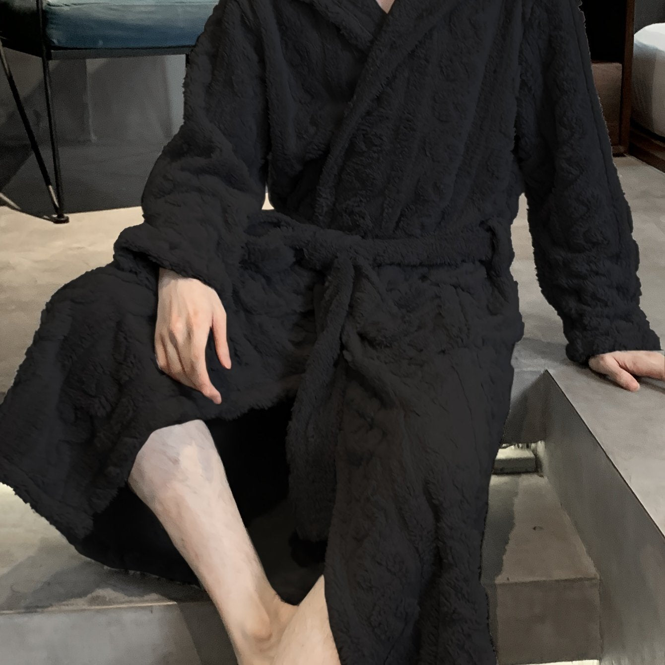 Men's hooded fleece robe for autumn and winter comfort. Soft plush texture, machine washable.