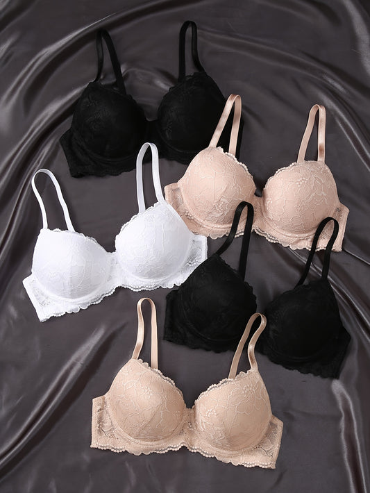 5 lace push-up bras with contrast detailing, comfortable and breathable intimates for women.