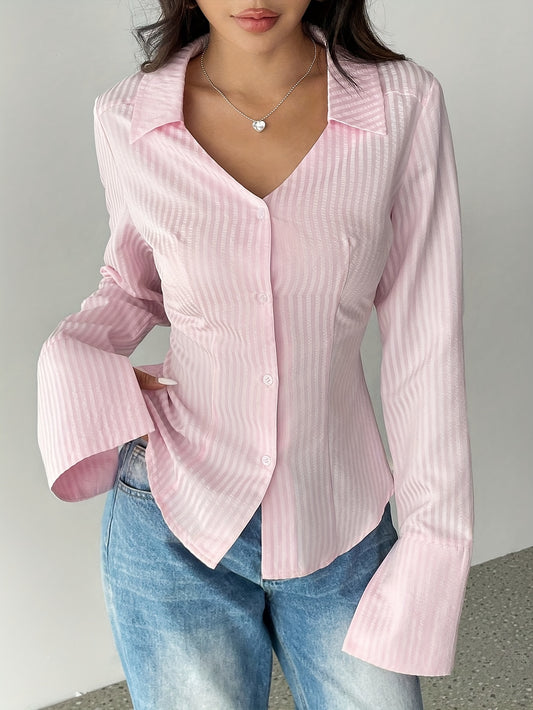 Women's V-neck striped button-up shirt with long sleeves made of woven polyester for spring/fall.