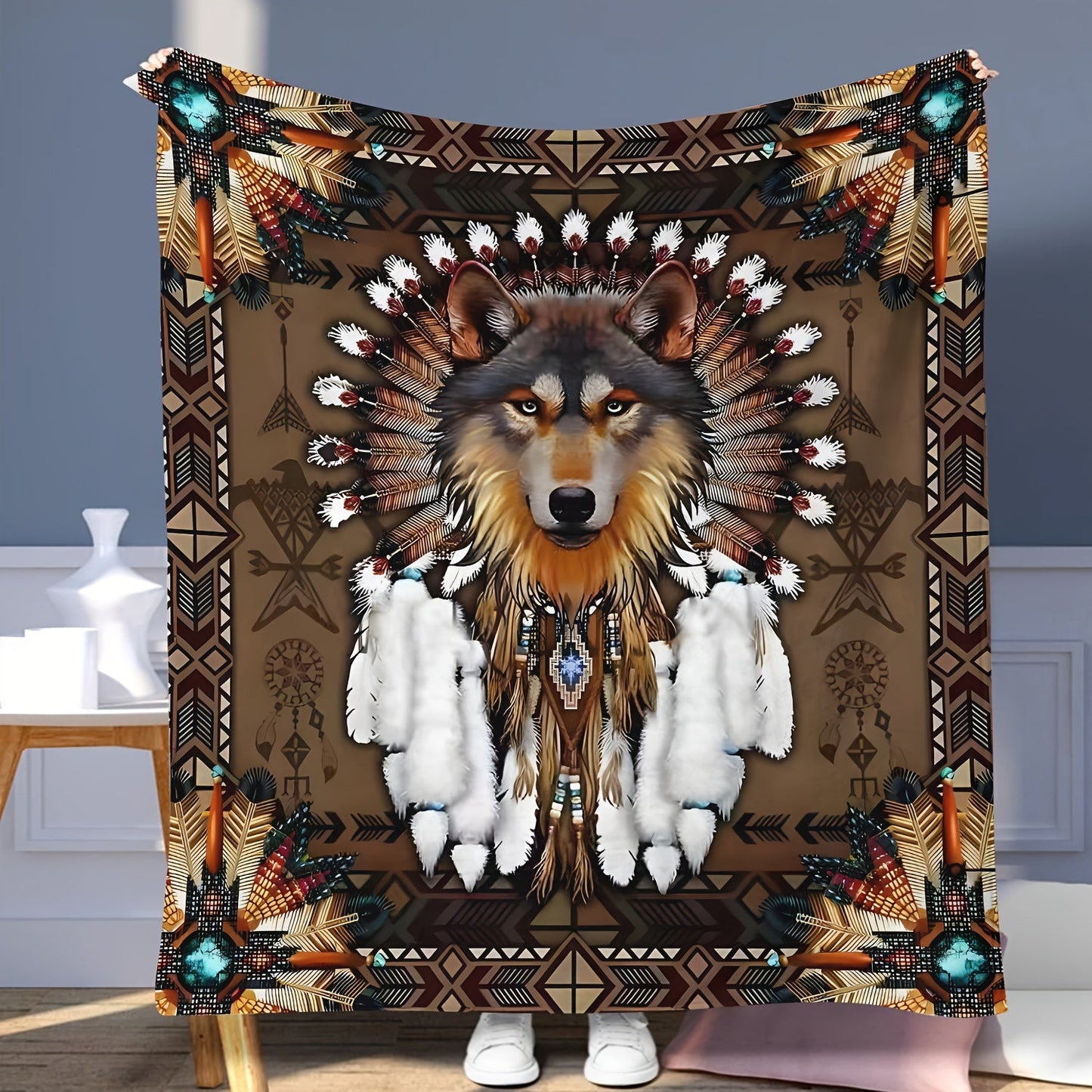 Modern Wolf Head Print Flannel Throw Blanket, featuring a Geometric Pattern, made from All-Season Knitted Polyester, perfect for Home, Office, or Camping - Offered in Various Sizes