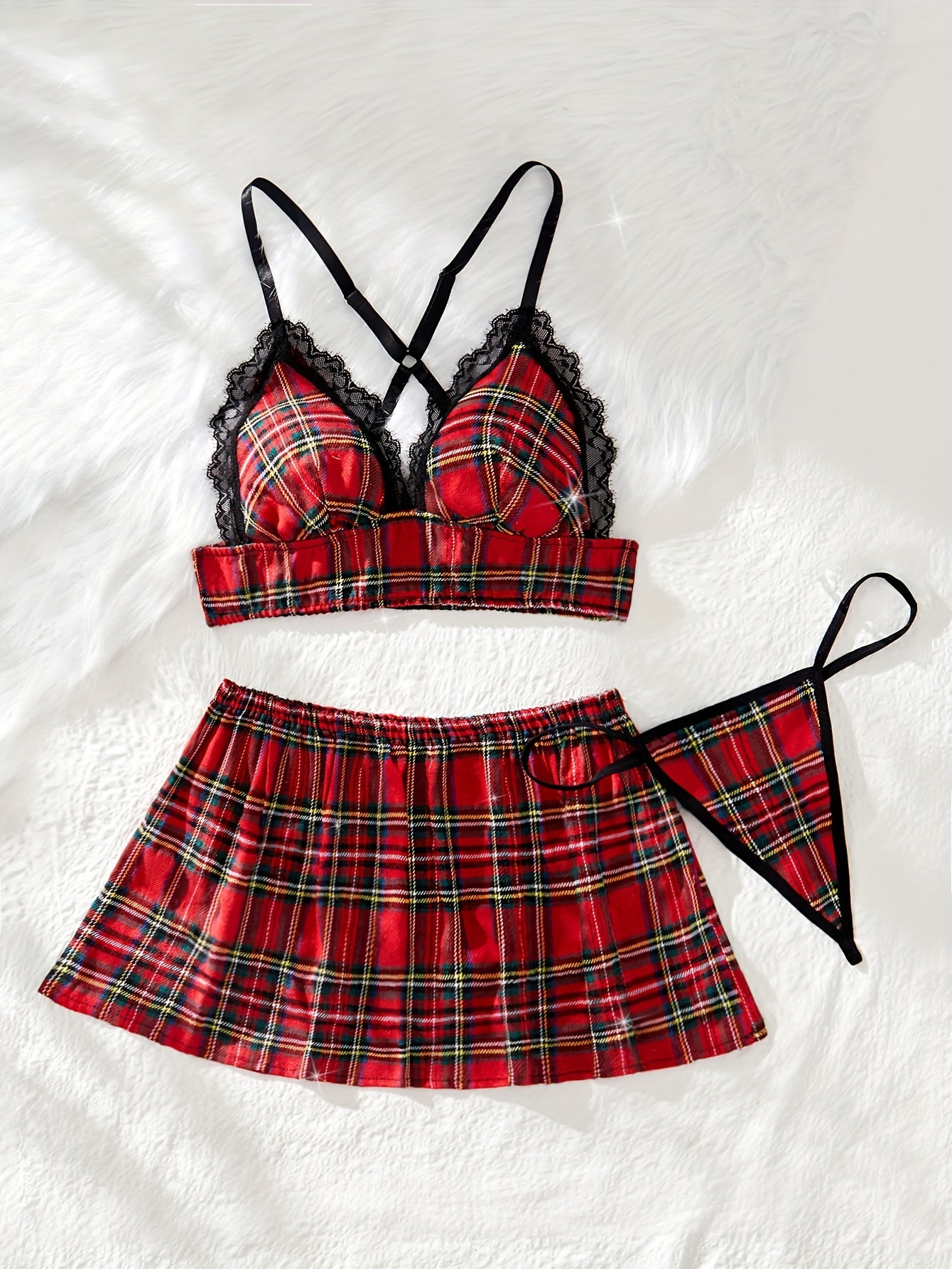 3pc Set of Women's Sexy Plaid Lingerie for Role Play