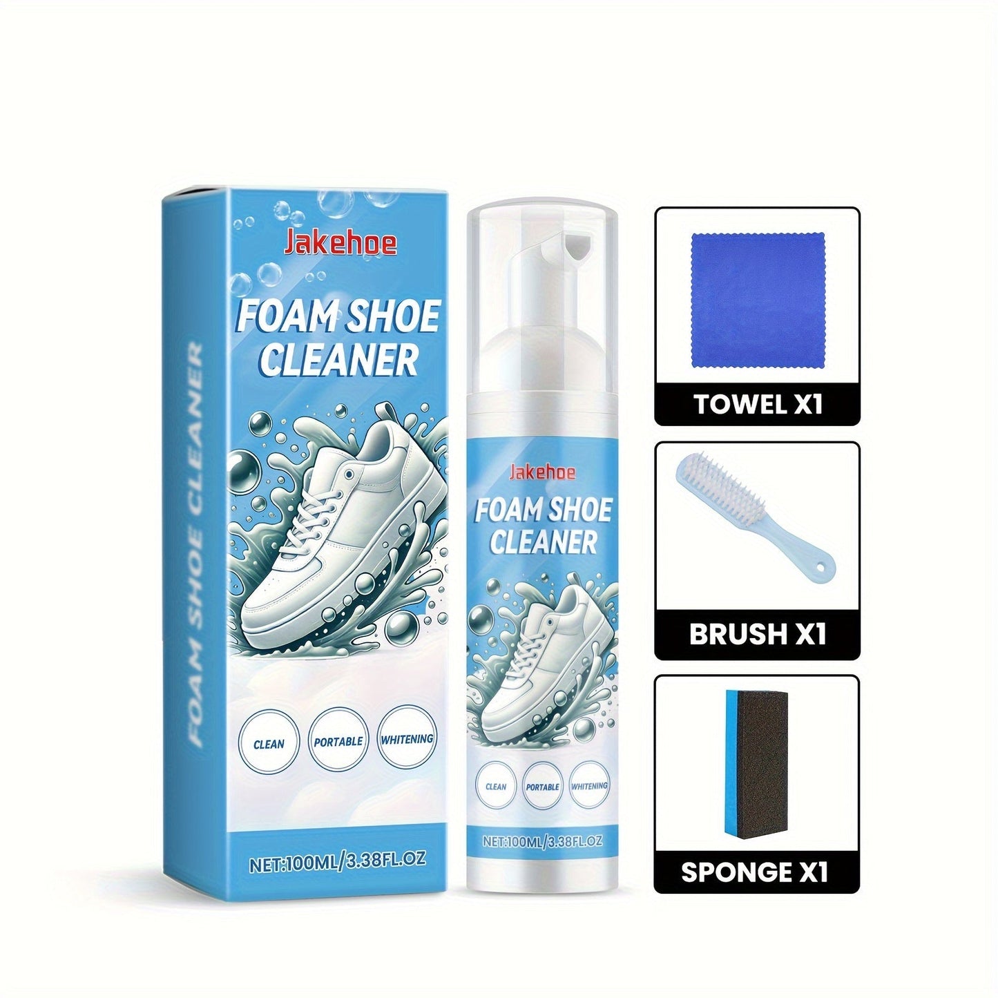 Introducing Jakehoe Foam Shoe Cleaner, a gentle formula designed for deep stain removal. This residue-free liquid cleaner features sodium bicarbonate and is safe for use on various materials, including canvas. Each 1L bottle comes with a towel, brush