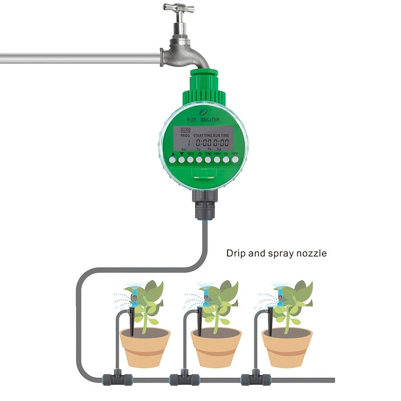 Automatic Digital Watering Timer with LCD Display - Battery operated controller for home irrigation, European standard plastic material, green generation.