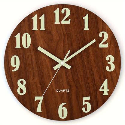 Rustic Tuscan wooden wall clock with glow-in-the-dark feature, 30.48cm in size. Non-ticking, Japanese quartz movement, ideal for living room and bedroom decor. Battery operated (AA not included).