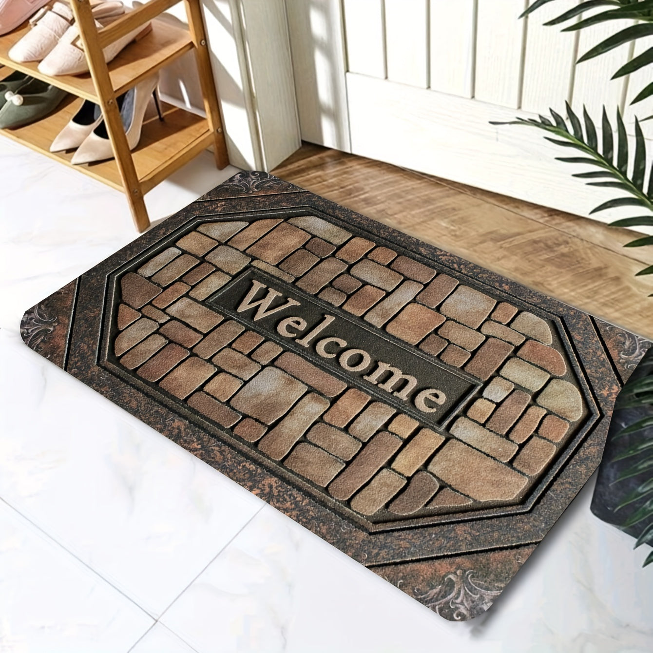 Polyester Welcome Doormat with Non-Slip Rubber Backing - Rectangle Entrance Carpet with Painted Brick Design (Pebble Pattern) - Machine Washable for Indoor and Outdoor Use