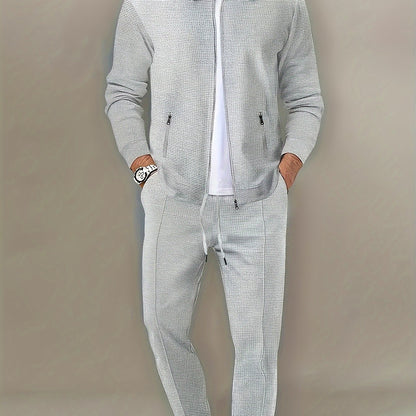 Men's 2-piece outdoor outfit: Solid long sleeve zip-up jacket with zipper pockets and pants.