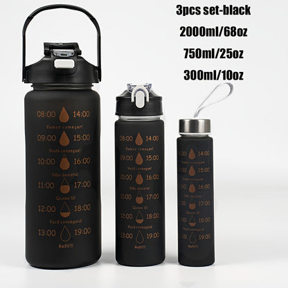 Set of 3 sports water bottles with time marker, leakproof design, and one-click open lid. Great for fitness and outdoor activities.