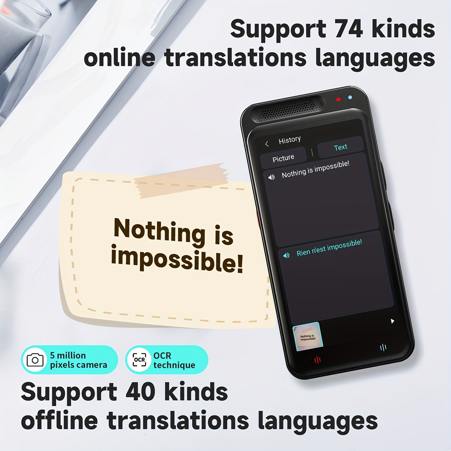 LERANDA Z6 Language Translator Device with real-time voice translation, 138 languages, Wi-Fi enabled, battery-powered with 1500mAh lithium polymer, type-C charging (charger not included).