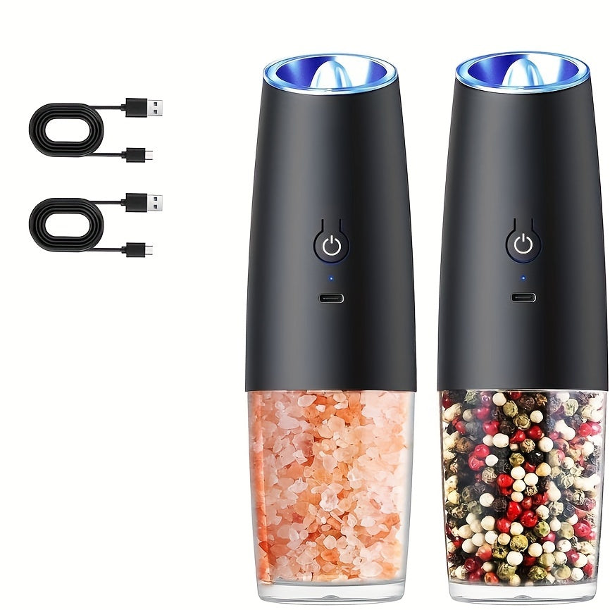 Set of 2 Electric Salt and Pepper Grinders - Made of ABS Material with Gravity Induction, Rechargeable via USB Type-C, Includes Built-in Lithium Battery