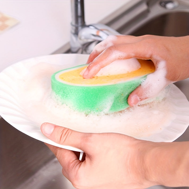 Thickened sponge scouring pad set with 4 fruit-inspired designs for multi-functional decontamination cleaning and dishwashing tasks.