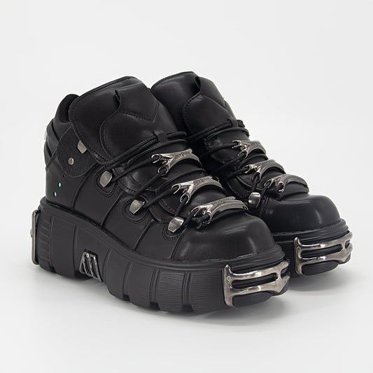 Y2K style punk rock platform sneakers with solid color lace-up ankle booties. Comfortable low top round toe boot with thick sole and non-slip rubber sole. All-season fabric lined shoes.