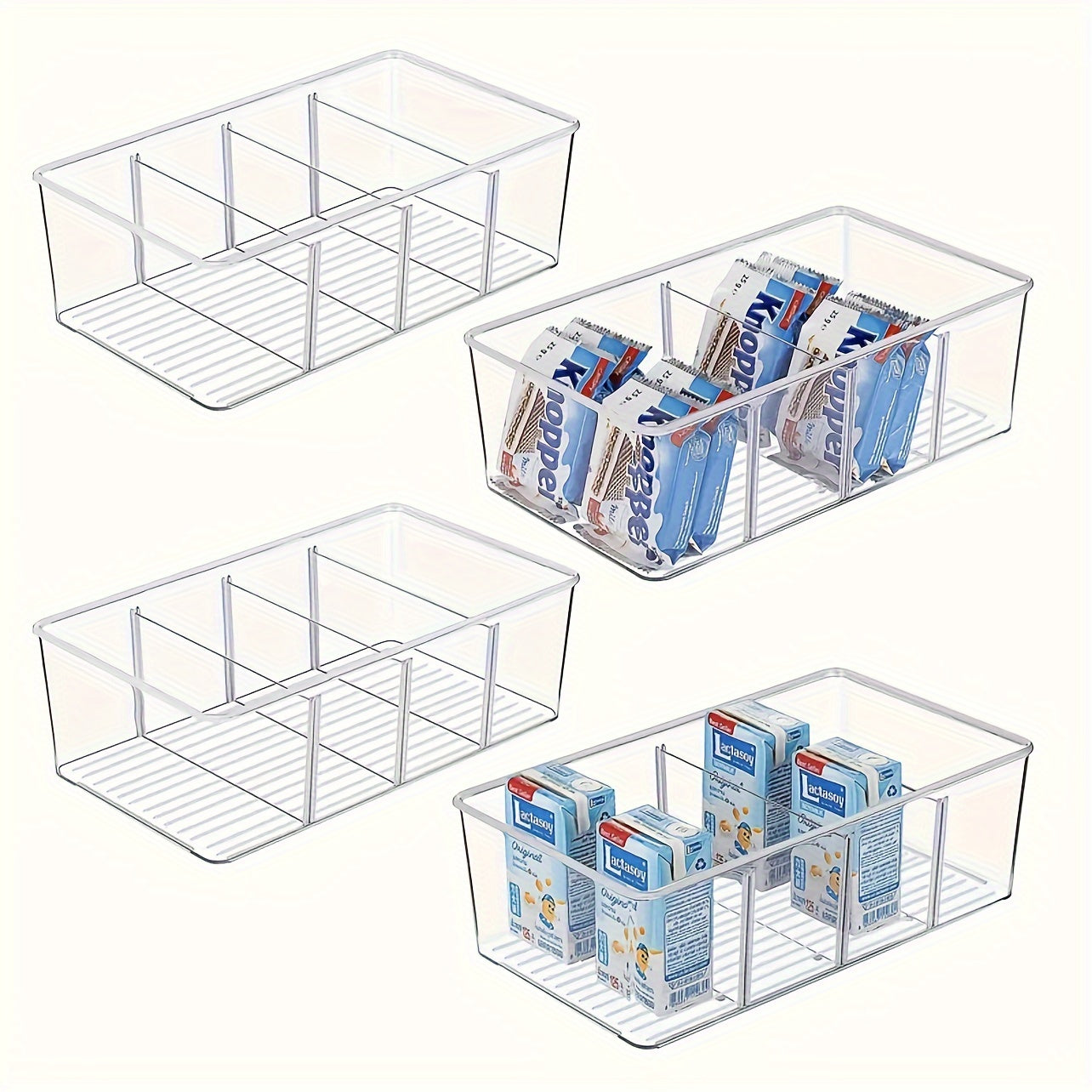 Transparent refrigerator organizer bins available in sets of 2, 4, or 6, featuring removable dividers. Ideal for storing various items such as fruits, vegetables, meat, eggs, ginger, garlic, and more. Perfect for keeping your kitchen organized at home or