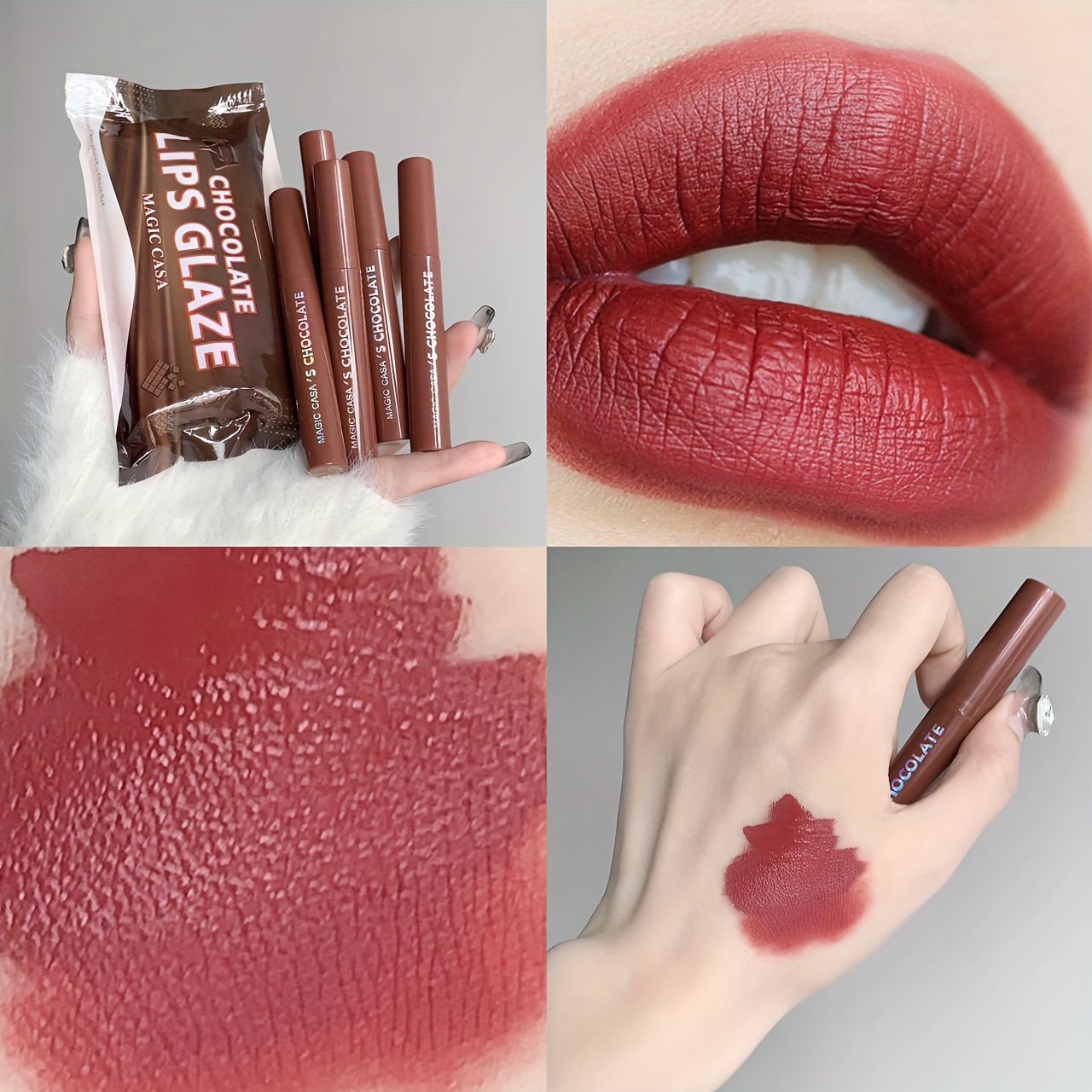 Get a 5-piece set of Lava Chocolate Lip Glaze that moisturizes and hydrates lips while giving a matte finish. This waterproof and long-lasting formula is perfect for gifting to girls.