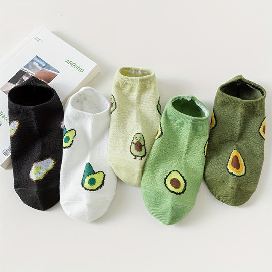 5 pairs of avocado print ankle socks for women, soft and lightweight.