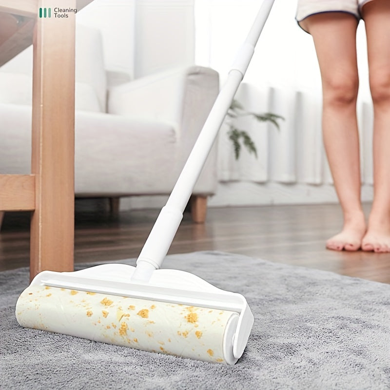 Long-handled pet hair removal roller designed for ergonomic use, with tearaway sticky sheets for effortless cleaning. Perfect for removing dust from sofas and carpets without the need for power.