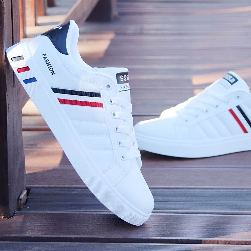 Men's classic low-top skate sneakers with a striped design, PU upper, and durable PVC sole, perfect for casual wear and everyday use. These minimalist sneakers are breathable and