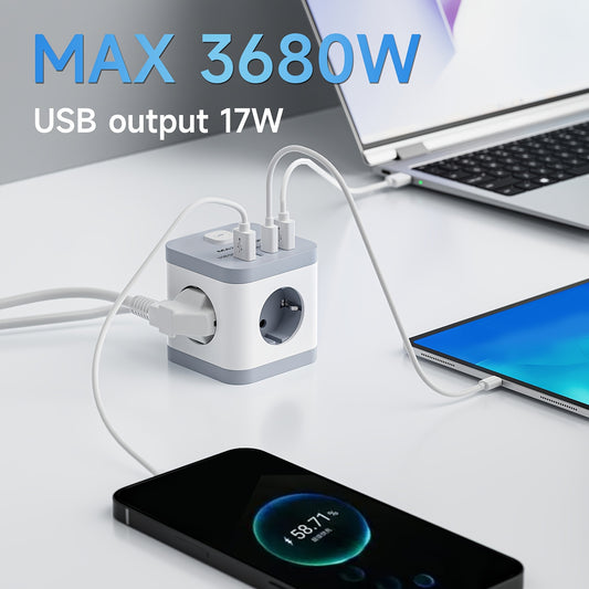 LIPWEL Power Supply Cube with USB Port, European Plug, 220-240V, 16A 3680W Max, Multi-Outlet Strip, One-Button Switch, Fast Charging, Travel Adapter.