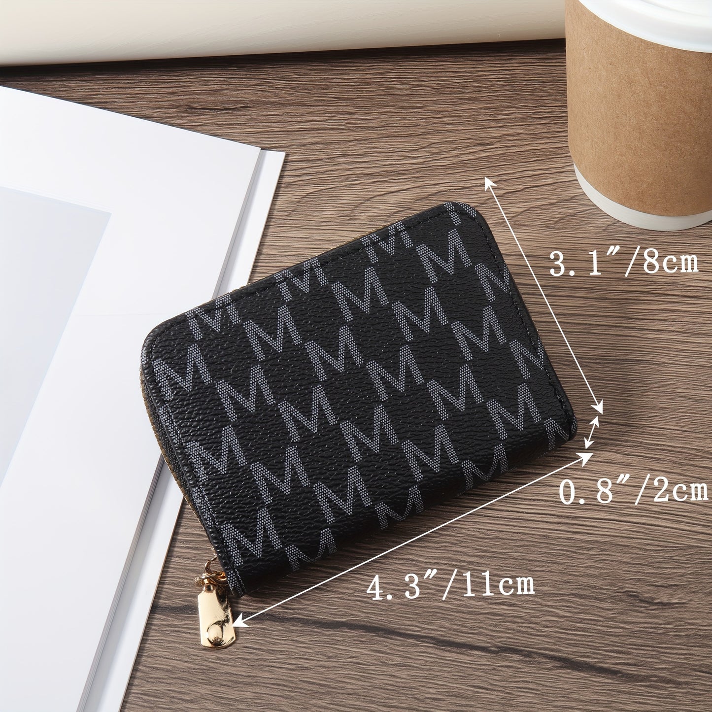 Compact and stylish synthetic leather credit card holder with zipper in brown and black herringbone pattern. Includes golden zippers, ideal for keys and cash. Lightweight and portable