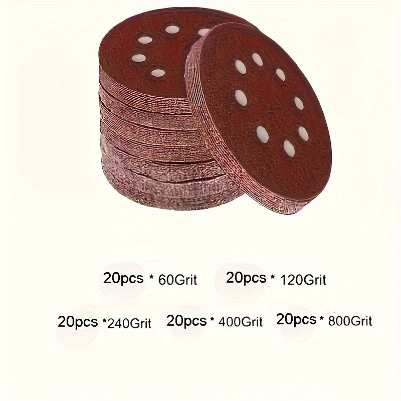 100 5-inch 125mm circular sandpaper with 8 holes, hook and ring system, used for polishing.