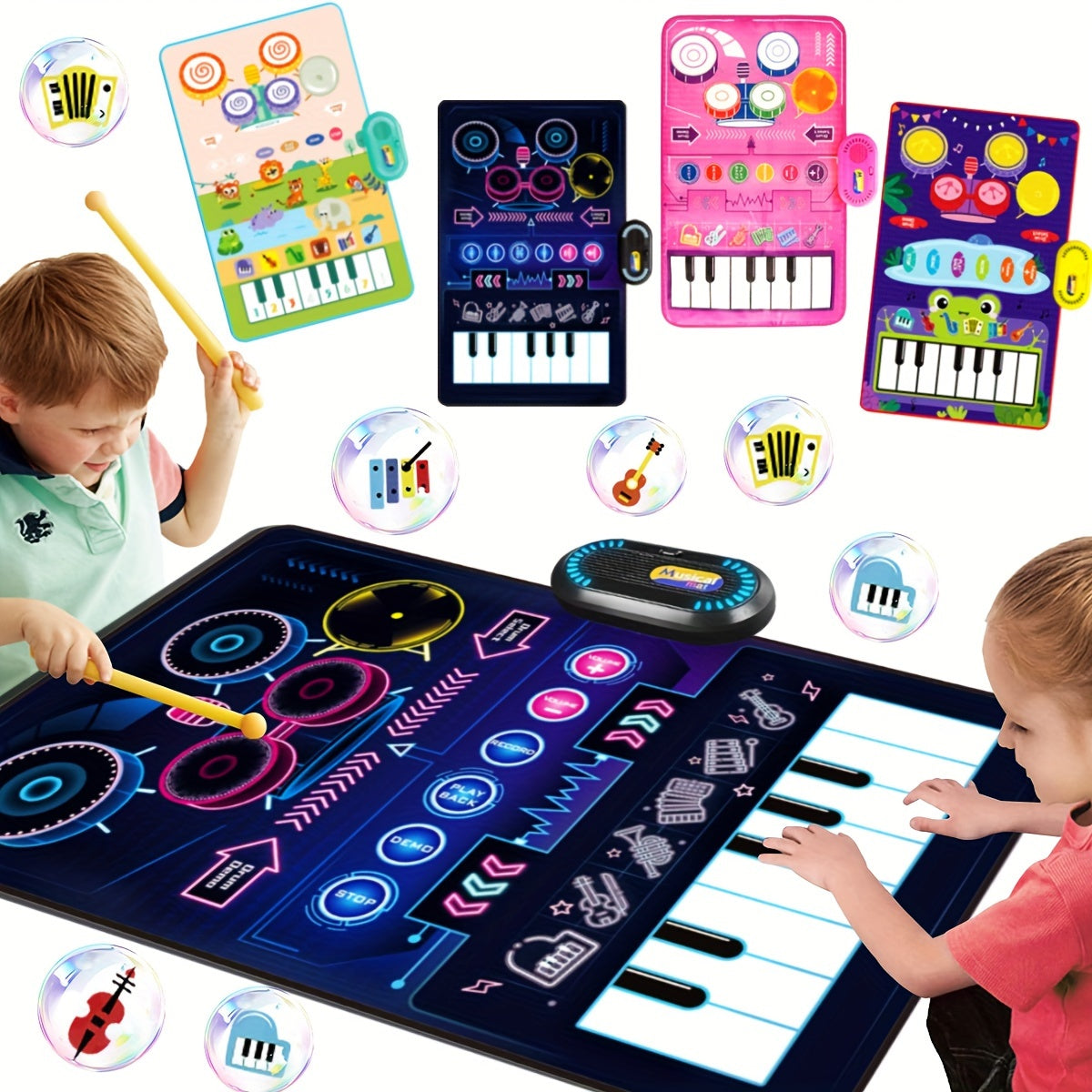 Interactive 2-in-1 Musical Play Mat & Drum Set for Youngsters - Educational Piano Keyboard Toy with Colorful Sound, Dual Instruments, Durable Polyester, Battery Operated, Random Colors