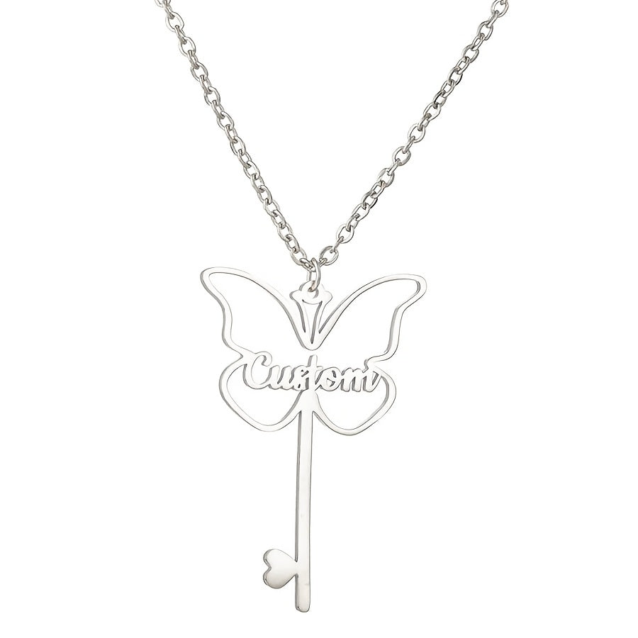 Exquisite Butterfly Key Pendant Necklace - Crafted from 18K Gold Plated Stainless Steel, Personalized with Your Name in English - Ideal for Everyday Outfits & Special Occasions like Valentine's Day, Mother's Day, and Christmas, Featuring a Unique Key