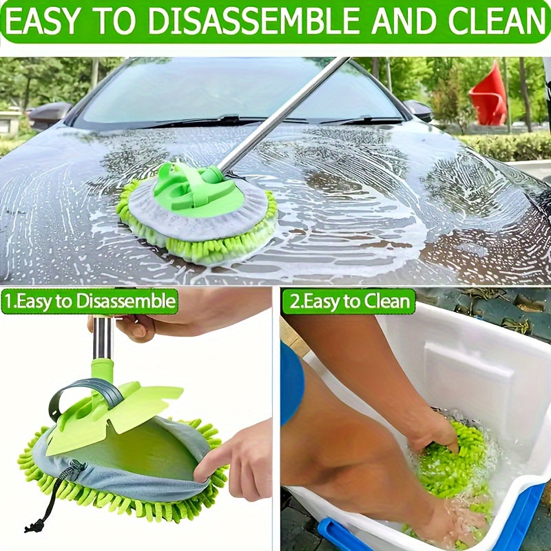 Extendable Car Wash Mop for effective vehicle detailing and care, with ultra absorbent microfiber chenille head and durable long handle, ideal for home windows. Color: Green & Black.