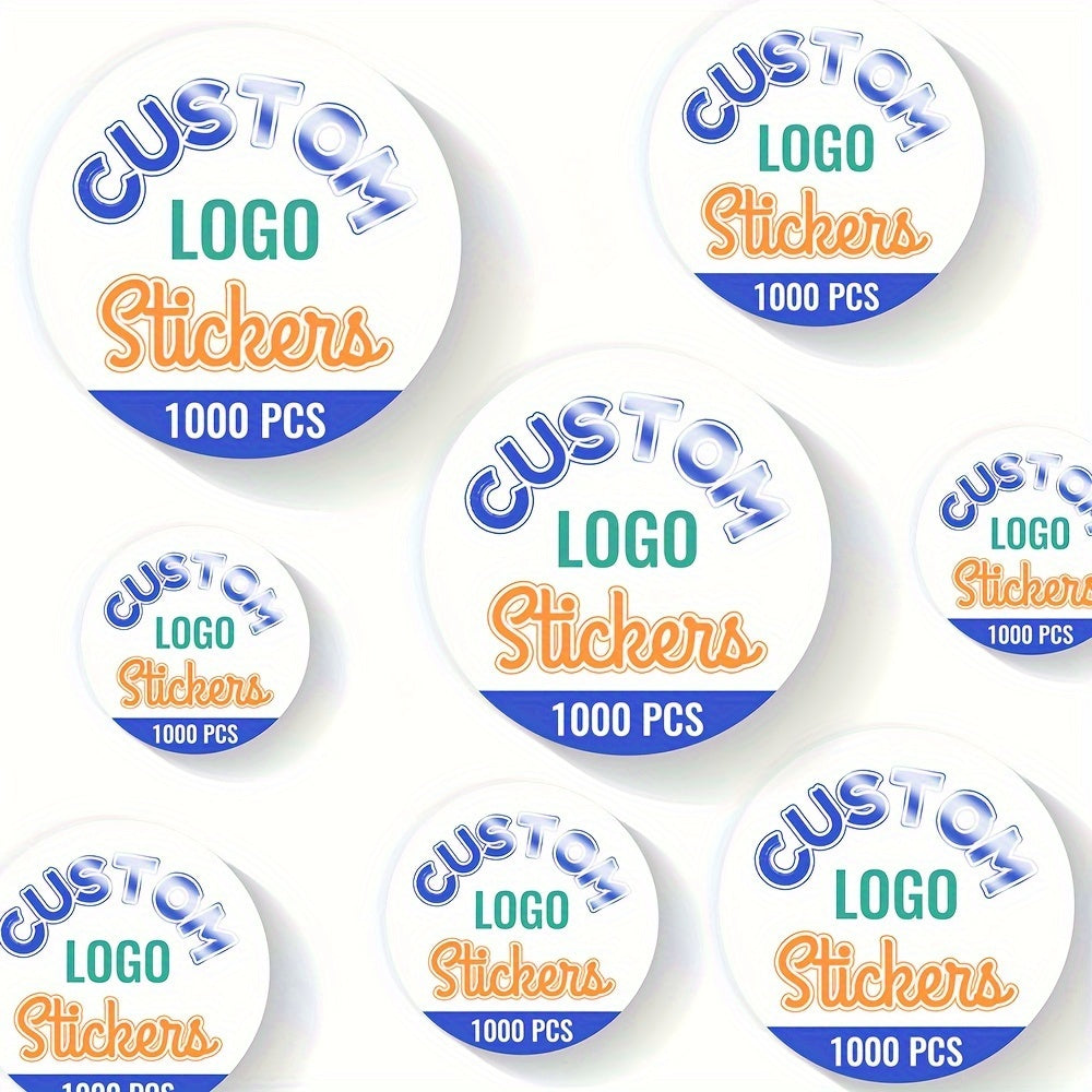 1,000 personalized waterproof adhesive labels with custom logo stickers. These round stickers range from 1.5 to 12.7 cm and feature customizable text and images. Perfect for packaging, wedding favors, office supplies, parties, and events. Each sticker