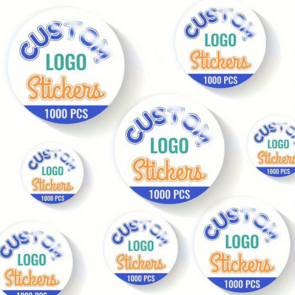 1,000 personalized waterproof adhesive labels with custom logo stickers. These round stickers range from 1.5 to 12.7 cm and feature customizable text and images. Perfect for packaging, wedding favors, office supplies, parties, and events. Each sticker