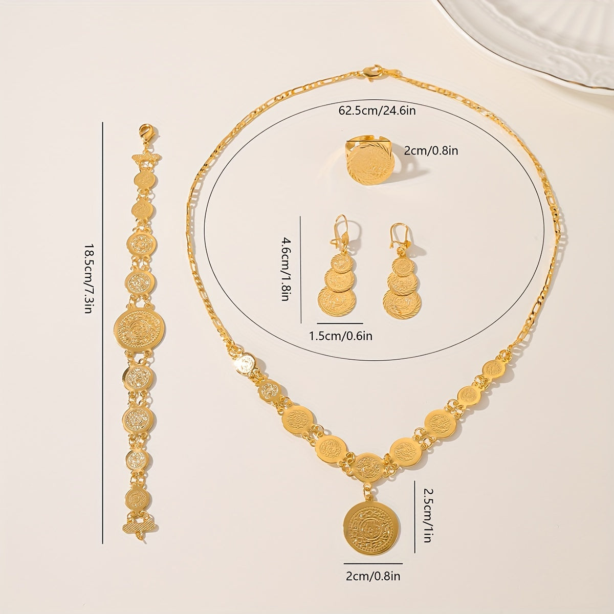 Vintage coin jewelry set with 18K plating, including a fashionable copper necklace, earrings, ring, and bracelet combo. Features an exquisite retro charm, perfect for casual daily wear as a universal season accessory.