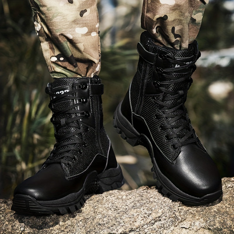 High top tactical work boots with side zipper, non-slip and durable for outdoor hiking activities.