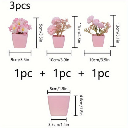 1 set of 3 mini decorative artificial flowers (rose, peach blossom, orchid pink) in small pots, perfect for weddings, home or office decor.