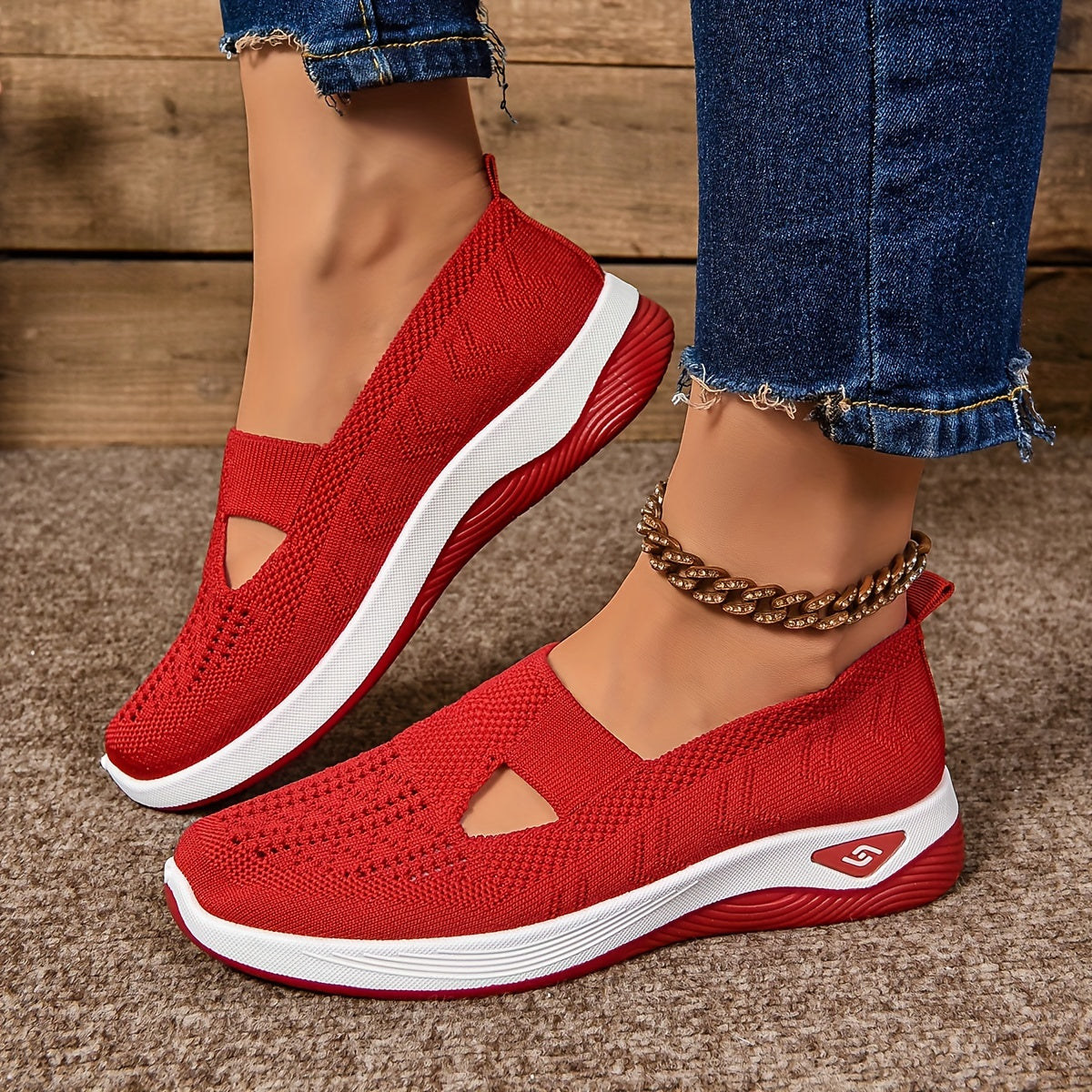 Breathable knit sneakers with PVC sole for year-round comfort.