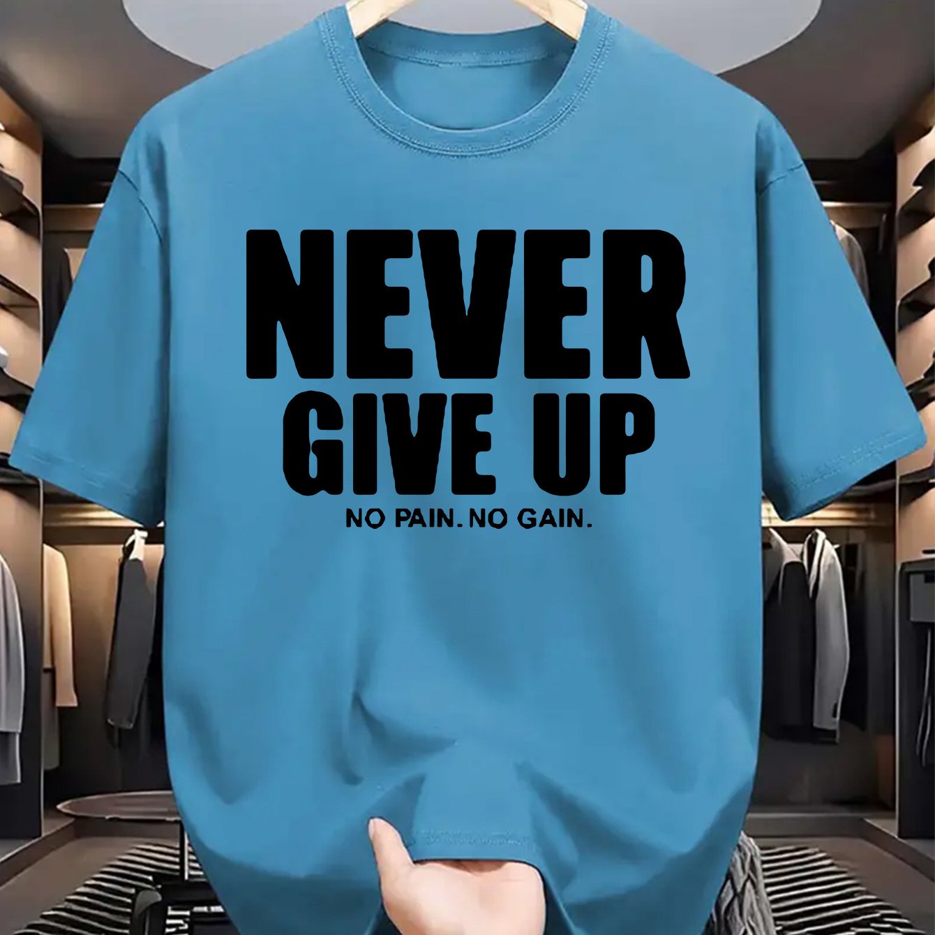 Men's casual crew neck t-shirt with "Never Give Up" print, made of polyester knit fabric with a slight stretch for a regular fit. Perfect for daily wear in summer with short sleeves.