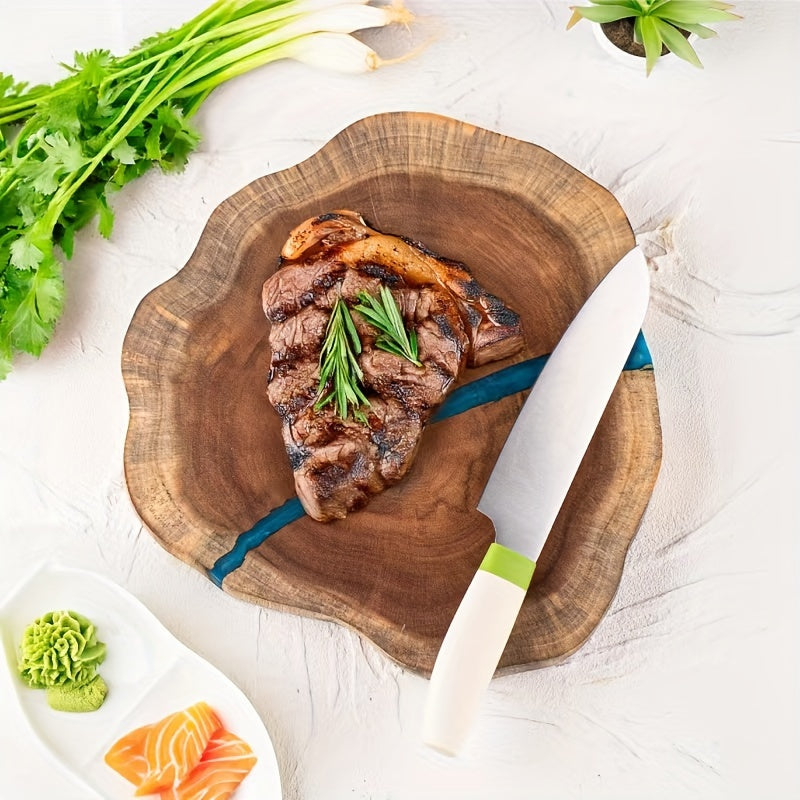 High-quality resin-accented Acacia board for chopping logs and cutting food in the kitchen. Made from ecological wood with a stylish irregular design. Ideal for cutting steak and other foods.