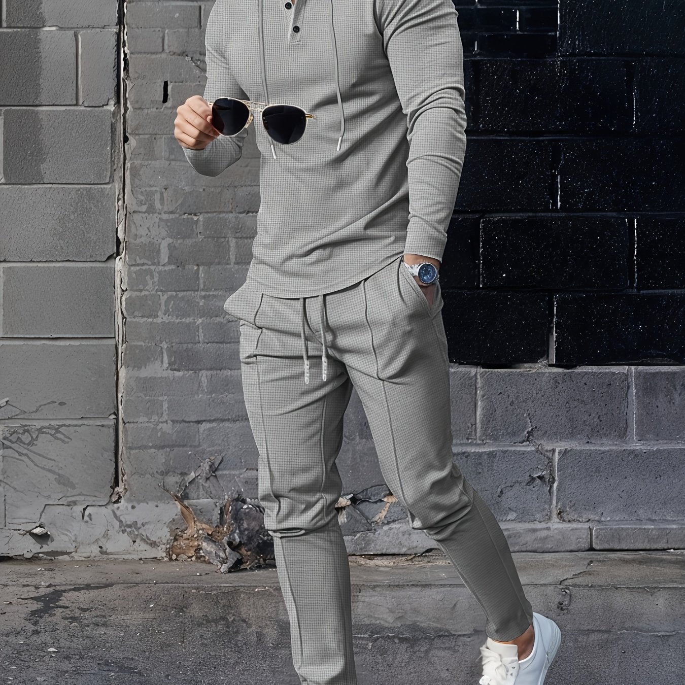 Men's Solid Color Waffle Set with Hoodie and Drawstring Pants, ideal for Spring and Autumn outdoor activities and casual wear.