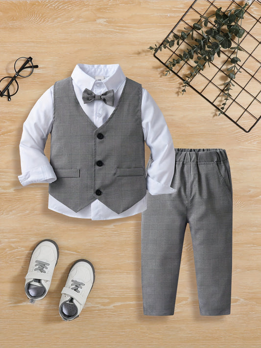 New spring and autumn boys' dress suit for small and medium children. Handsome three-piece set with button-shirt, vest, and fashionable trousers.