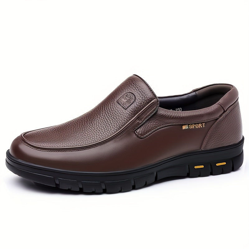 Men's slip-on business casual shoes made with head layer leather, PU lining, rubber sole, and fabric insole.