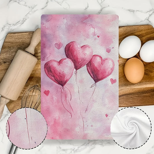 Set of 2 Ultra Soft Kitchen Towels featuring a charming Valentine's Day Watercolor Hearts Design. These towels are highly absorbent, machine washable, and measure 40.64x60.96 cm. Ideal for holiday decor and drying dishes.