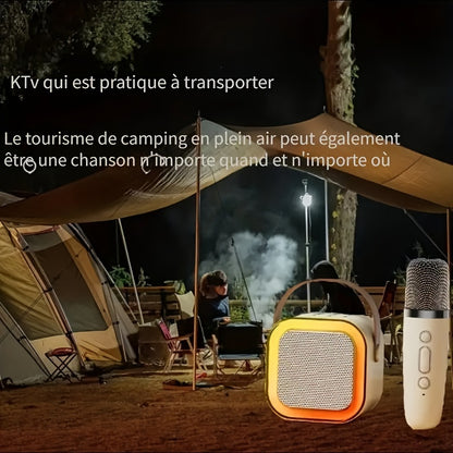 Portable wireless karaoke speaker with 1-2 microphones, dynamic lights, ideal for birthdays, home KTV, outdoor activities, and travel.