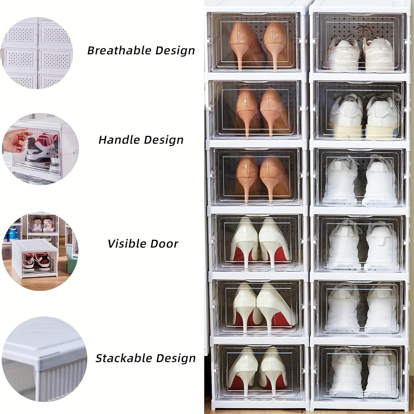 6-Tier stackable shoe storage box set with easy-access drop front, waterproof clear plastic bins. No assembly required, perfect for closet & entryway.